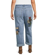 John Mark Plus Size Multi Patch Print 5-Pocket Denim Boyfriend Jeans