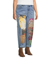John Mark Plus Size Multi Patch Print 5-Pocket Denim Boyfriend Jeans