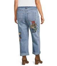 John Mark Plus Size Multi Patch Print 5-Pocket Denim Boyfriend Jeans