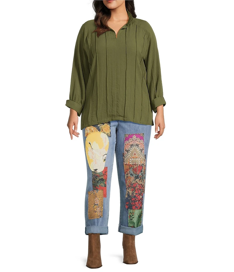 John Mark Plus Size Multi Patch Print 5-Pocket Denim Boyfriend Jeans