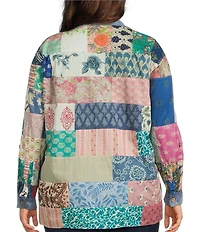 John Mark Plus Size Multi Print Patched Point Collar Long Roll-Tab Sleeve Button Front Tunic