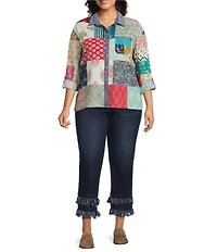 John Mark Plus Size Multi Print Patched Point Collar Long Roll-Tab Sleeve Button Front Tunic