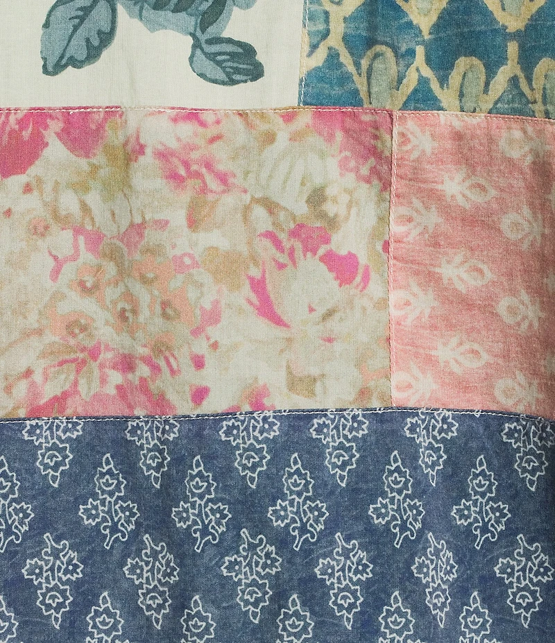 John Mark Plus Size Multi Print Patched Point Collar Long Roll-Tab Sleeve Button Front Tunic