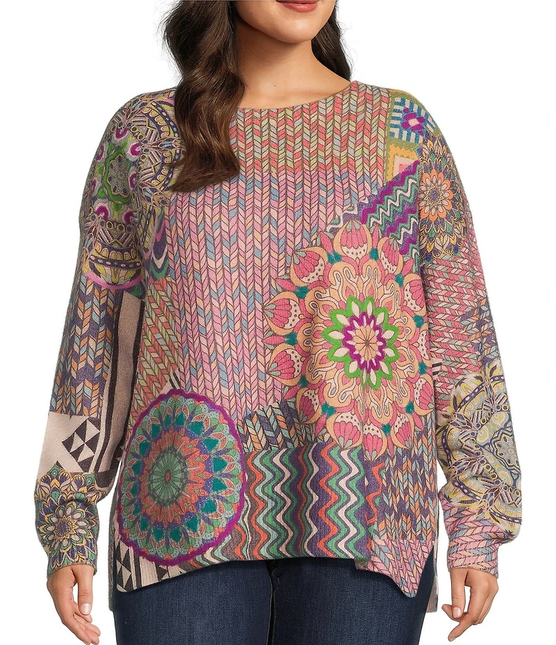 John Mark Plus Size Patchwork Print Crew Neck Long Sleeve Knit Sweater