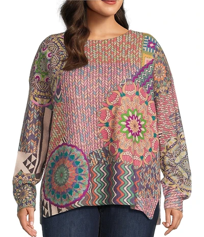 John Mark Plus Size Patchwork Print Crew Neck Long Sleeve Knit Sweater