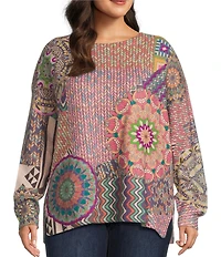 John Mark Plus Size Patchwork Print Crew Neck Long Sleeve Knit Sweater