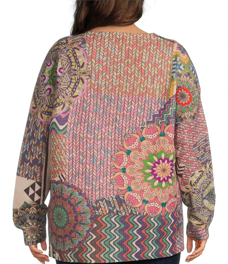 John Mark Plus Size Patchwork Print Crew Neck Long Sleeve Knit Sweater