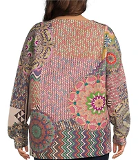 John Mark Plus Size Patchwork Print Crew Neck Long Sleeve Knit Sweater