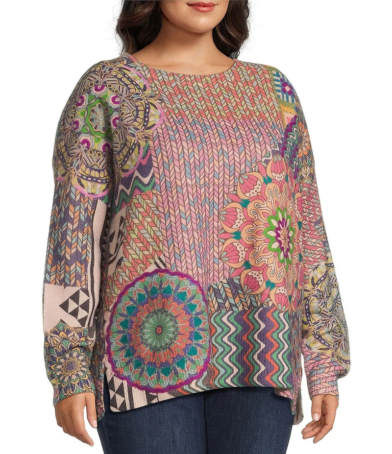 John Mark Plus Size Patchwork Print Crew Neck Long Sleeve Knit Sweater
