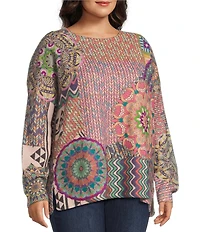 John Mark Plus Size Patchwork Print Crew Neck Long Sleeve Knit Sweater
