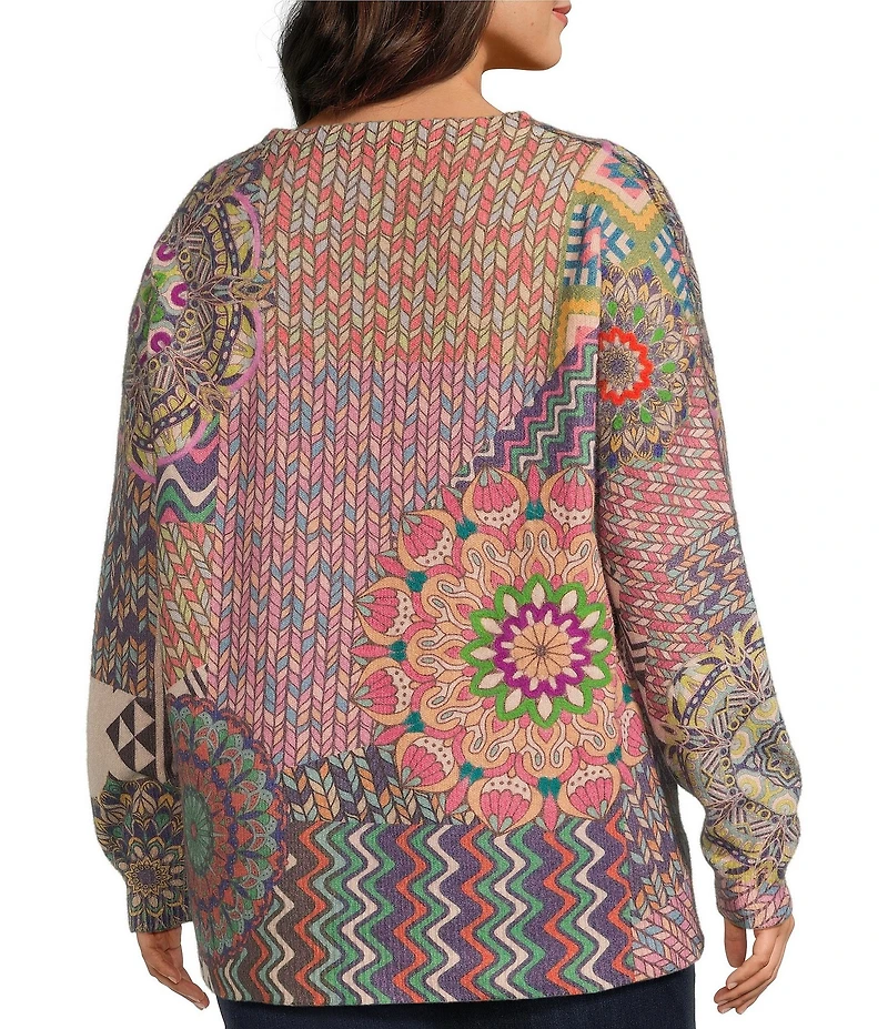 John Mark Plus Size Patchwork Print Crew Neck Long Sleeve Knit Sweater