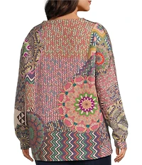 John Mark Plus Size Patchwork Print Crew Neck Long Sleeve Knit Sweater