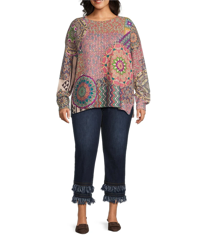 John Mark Plus Size Patchwork Print Crew Neck Long Sleeve Knit Sweater
