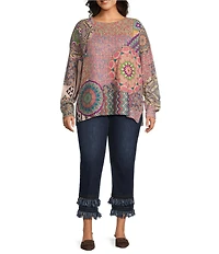 John Mark Plus Size Patchwork Print Crew Neck Long Sleeve Knit Sweater
