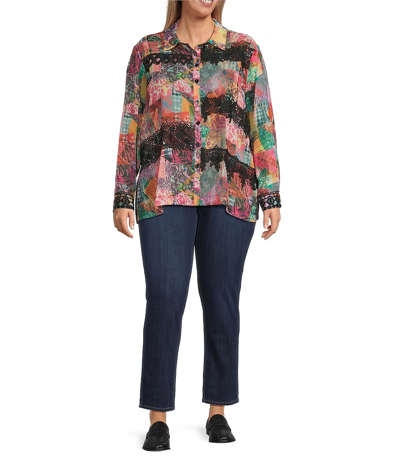 John Mark Plus Size Patchwork Print Point Collar Long Sleeve Button-Front Blouse