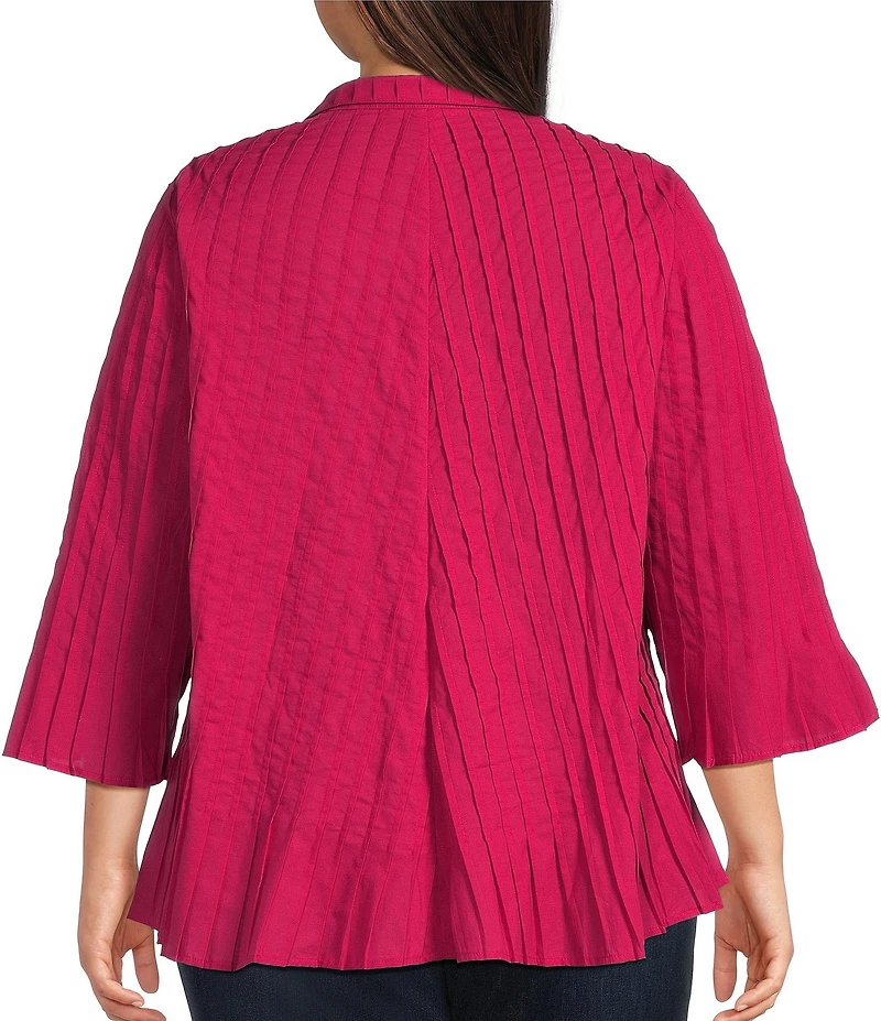 John Mark Plus Size Pleated Solid Wire Collar 3/4 Sleeve Button Front Shirt