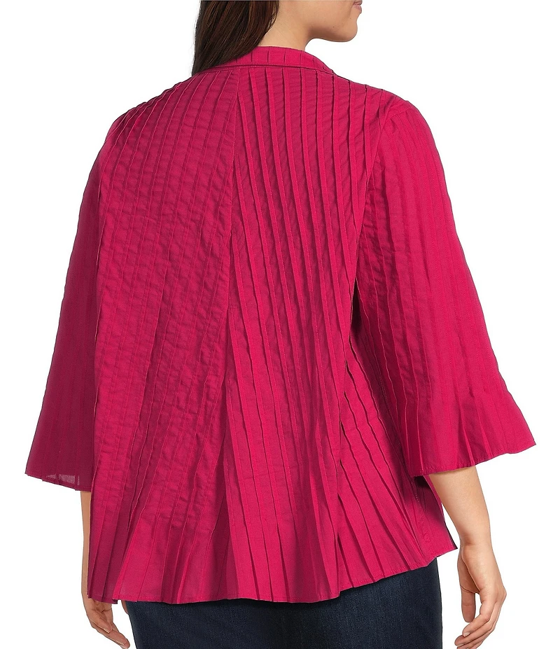 John Mark Plus Size Pleated Solid Wire Collar 3/4 Sleeve Button Front Shirt