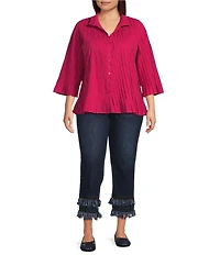 John Mark Plus Size Pleated Solid Wire Collar 3/4 Sleeve Button Front Shirt