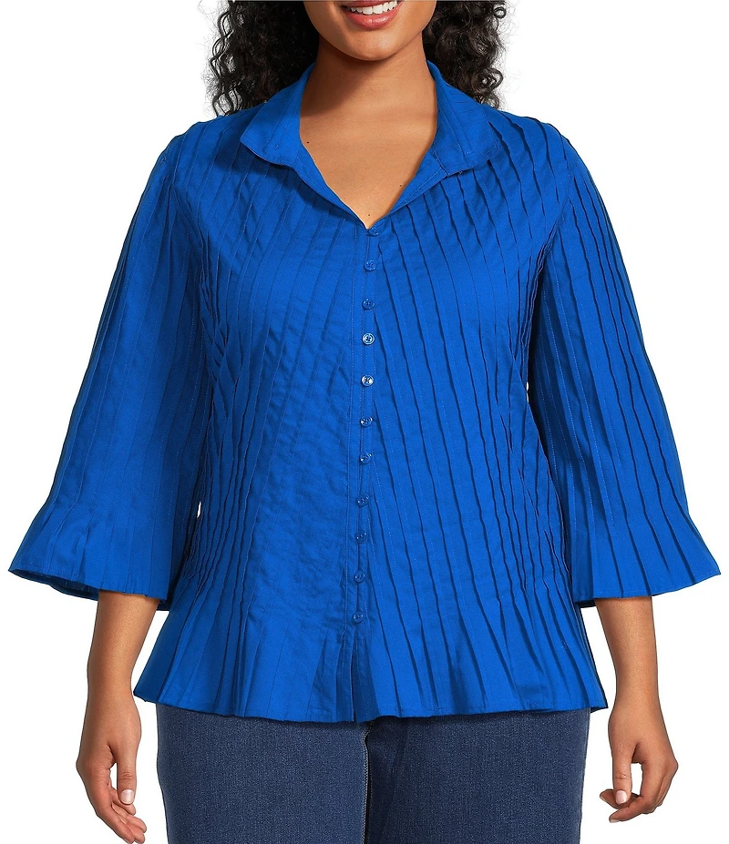John Mark Plus Size Pleated Solid Wire Collar 3/4 Sleeve Button Front Shirt