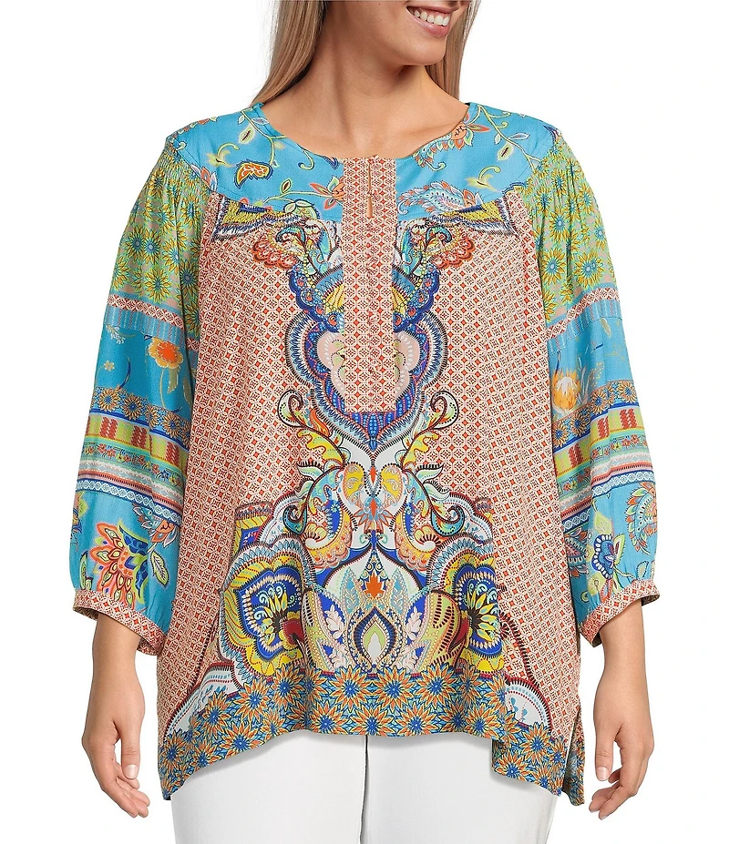 John Mark Plus Size Shirring Printed Scoop Neck 3/4 Sleeve Top