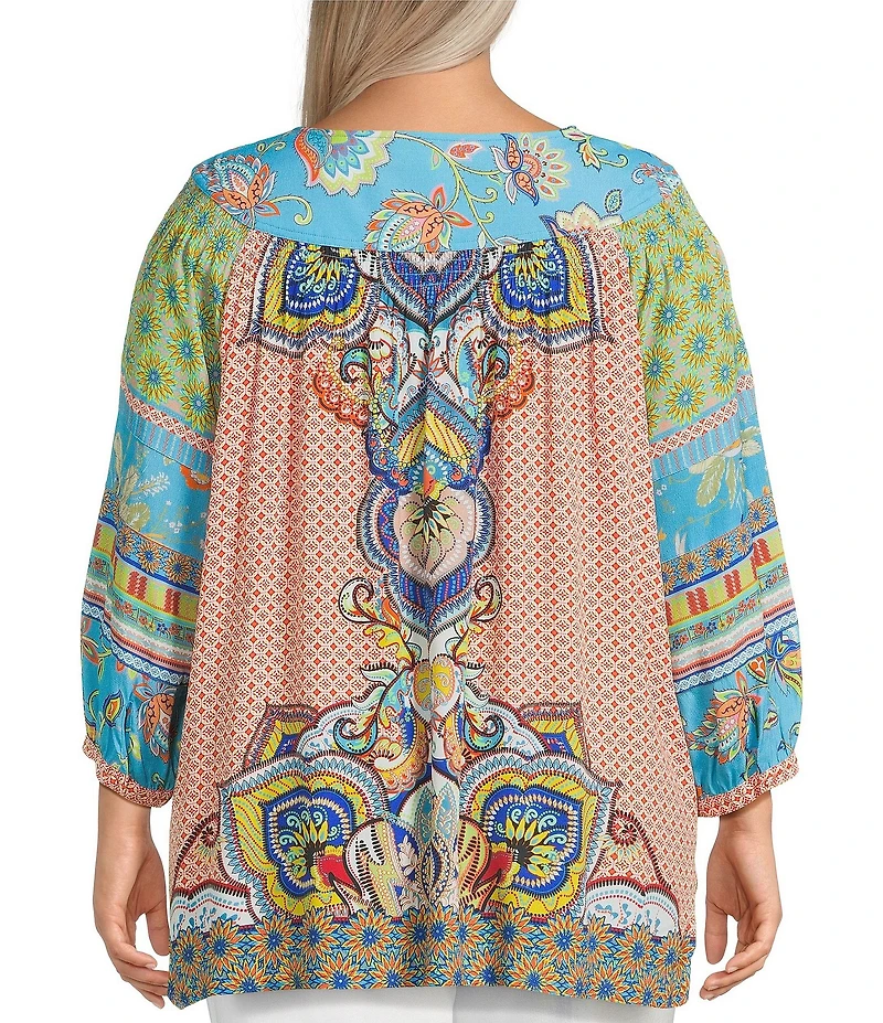 John Mark Plus Size Shirring Printed Scoop Neck 3/4 Sleeve Top