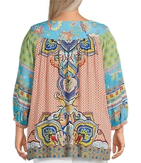 John Mark Plus Size Shirring Printed Scoop Neck 3/4 Sleeve Top