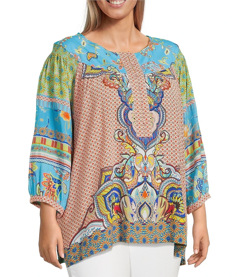 John Mark Plus Size Shirring Printed Scoop Neck 3/4 Sleeve Top