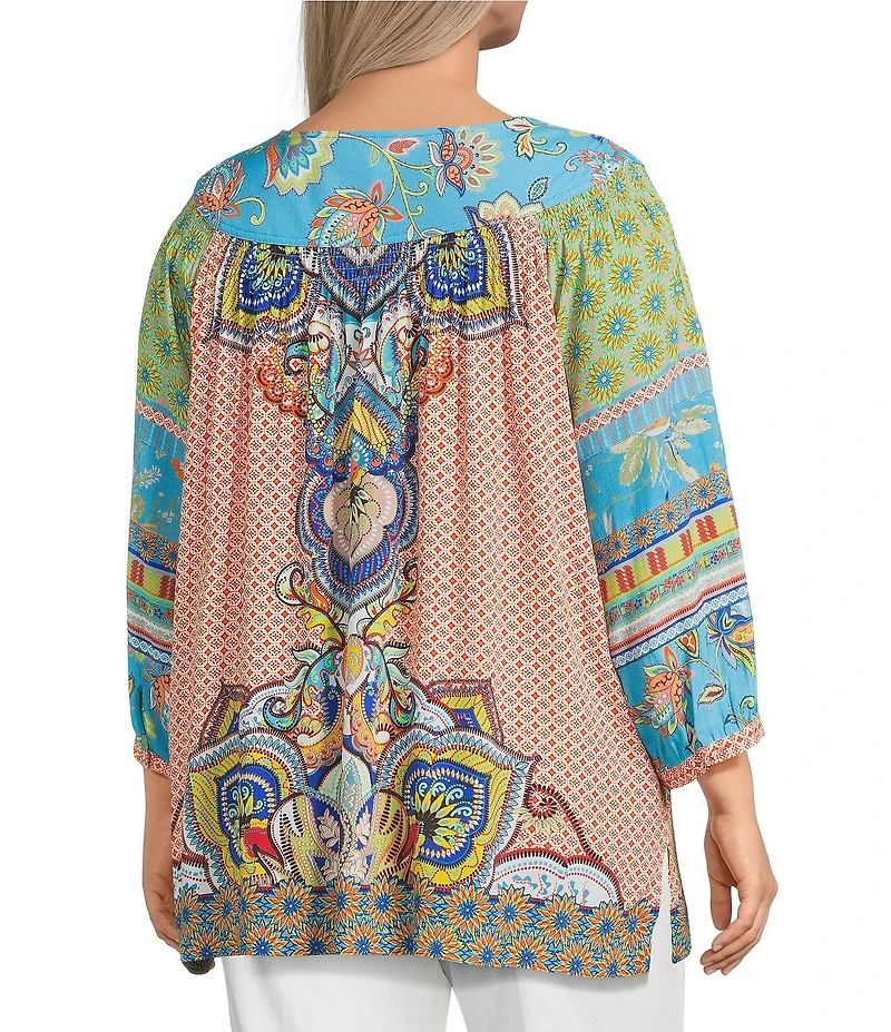 John Mark Plus Size Shirring Printed Scoop Neck 3/4 Sleeve Top