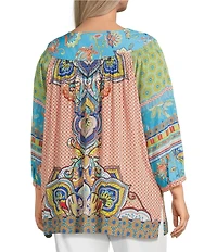 John Mark Plus Size Shirring Printed Scoop Neck 3/4 Sleeve Top