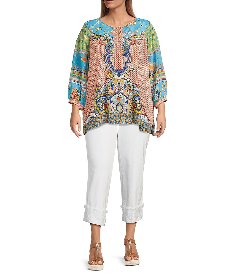 John Mark Plus Size Shirring Printed Scoop Neck 3/4 Sleeve Top