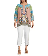 John Mark Plus Size Shirring Printed Scoop Neck 3/4 Sleeve Top