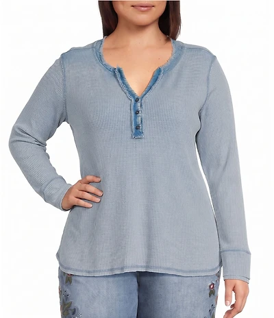 John Mark Plus Size Solid Washed Waffle Knit Split V-Neck Long Sleeve Top