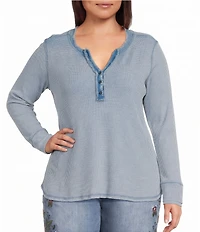 John Mark Plus Size Solid Washed Waffle Knit Split V-Neck Long Sleeve Top