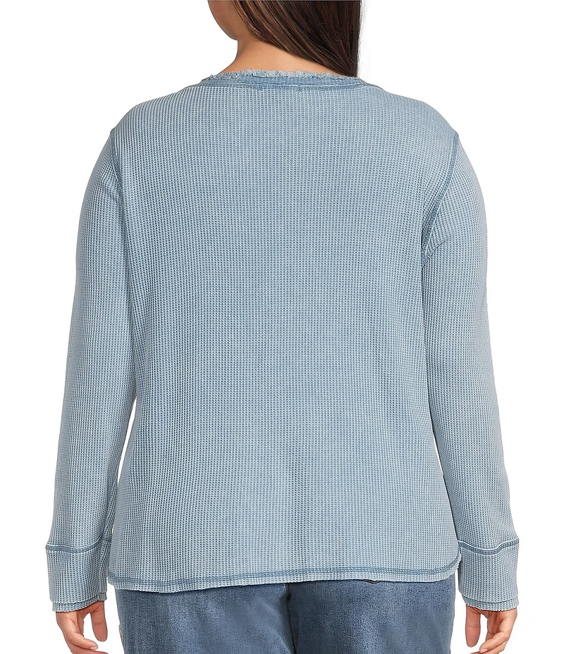 John Mark Plus Size Solid Washed Waffle Knit Split V-Neck Long Sleeve Top