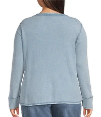 John Mark Plus Size Solid Washed Waffle Knit Split V-Neck Long Sleeve Top