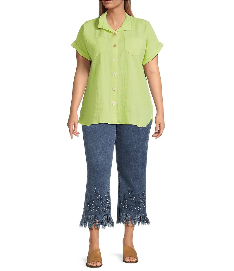 John Mark Plus Size Solid Wire Collar Short Dolman Sleeve Button Front Camp Shirt