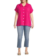 John Mark Plus Size Solid Wire Collar Short Dolman Sleeve Button Front Camp Shirt