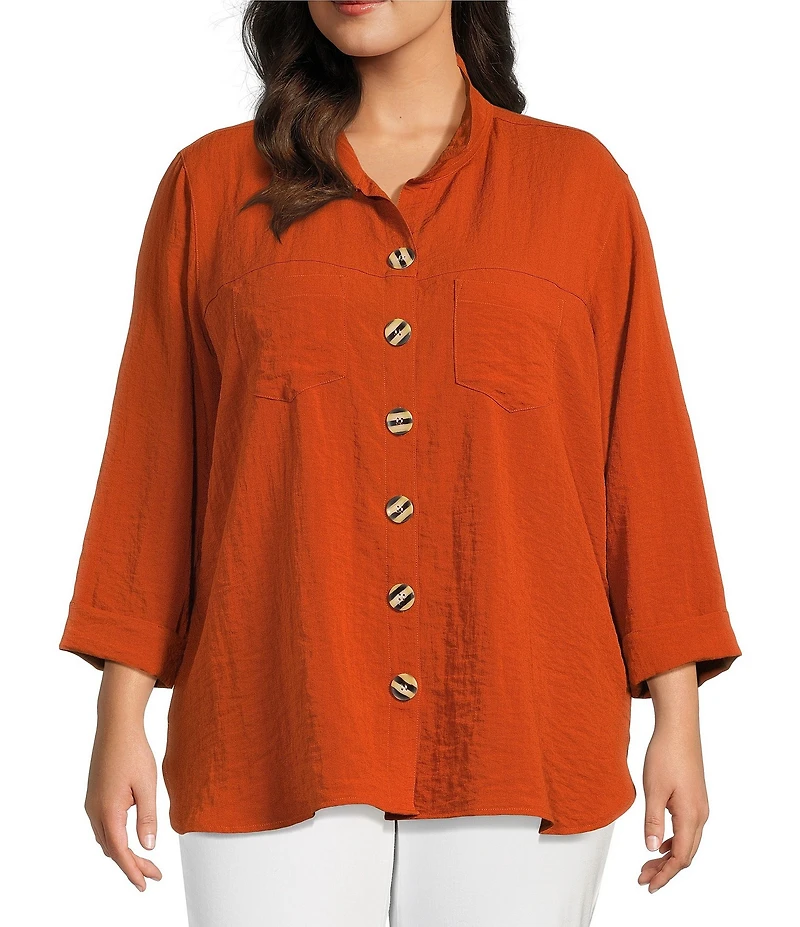 John Mark Plus Size Solid Woven Wire Collared Button Front 3/4 Sleeve Camp Shirt