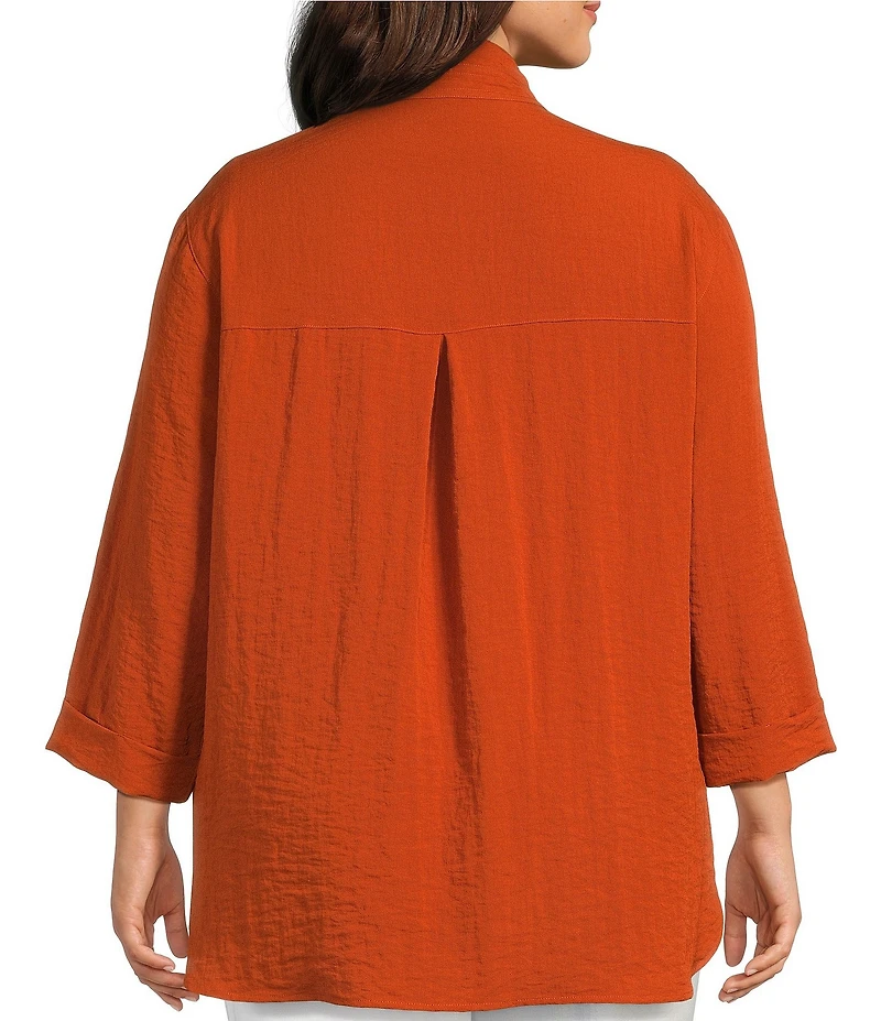 John Mark Plus Size Solid Woven Wire Collared Button Front 3/4 Sleeve Camp Shirt