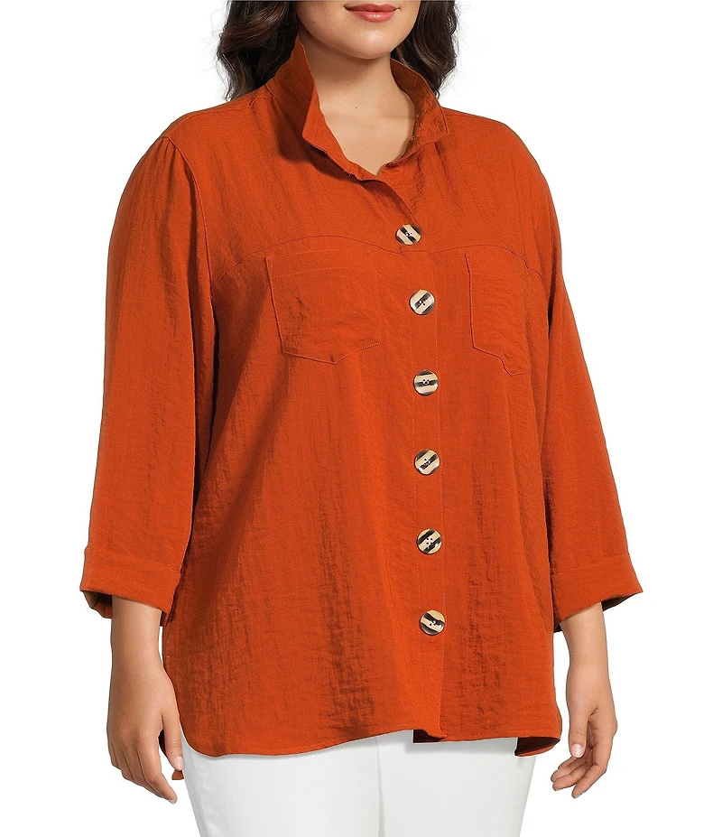 John Mark Plus Size Solid Woven Wire Collared Button Front 3/4 Sleeve Camp Shirt
