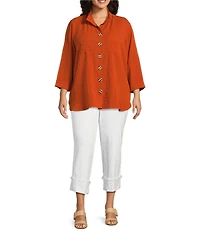 John Mark Plus Size Solid Woven Wire Collared Button Front 3/4 Sleeve Camp Shirt