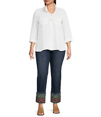 John Mark Plus Size Solid Woven Wire Collared Button Front 3/4 Sleeve Camp Shirt