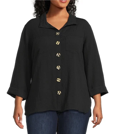 John Mark Plus Size Solid Woven Wire Collared Button Front 3/4 Sleeve Camp Shirt