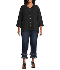 John Mark Plus Size Solid Woven Wire Collared Button Front 3/4 Sleeve Camp Shirt