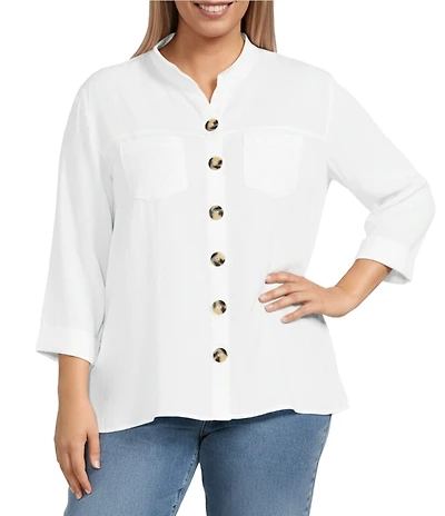John Mark Plus Size Solid Woven Wire Collared Button Front 3/4 Sleeve Camp Shirt