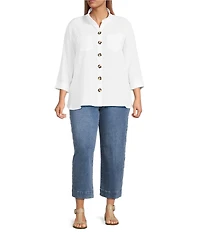 John Mark Plus Size Solid Woven Wire Collared Button Front 3/4 Sleeve Camp Shirt