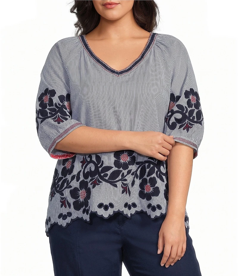 John Mark Plus Size Stripe Floral Applique Embroidery Eyelet Scalloped Hem Top
