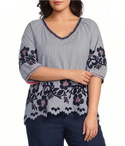 John Mark Plus Size Stripe Floral Applique Embroidery Eyelet Scalloped Hem Top