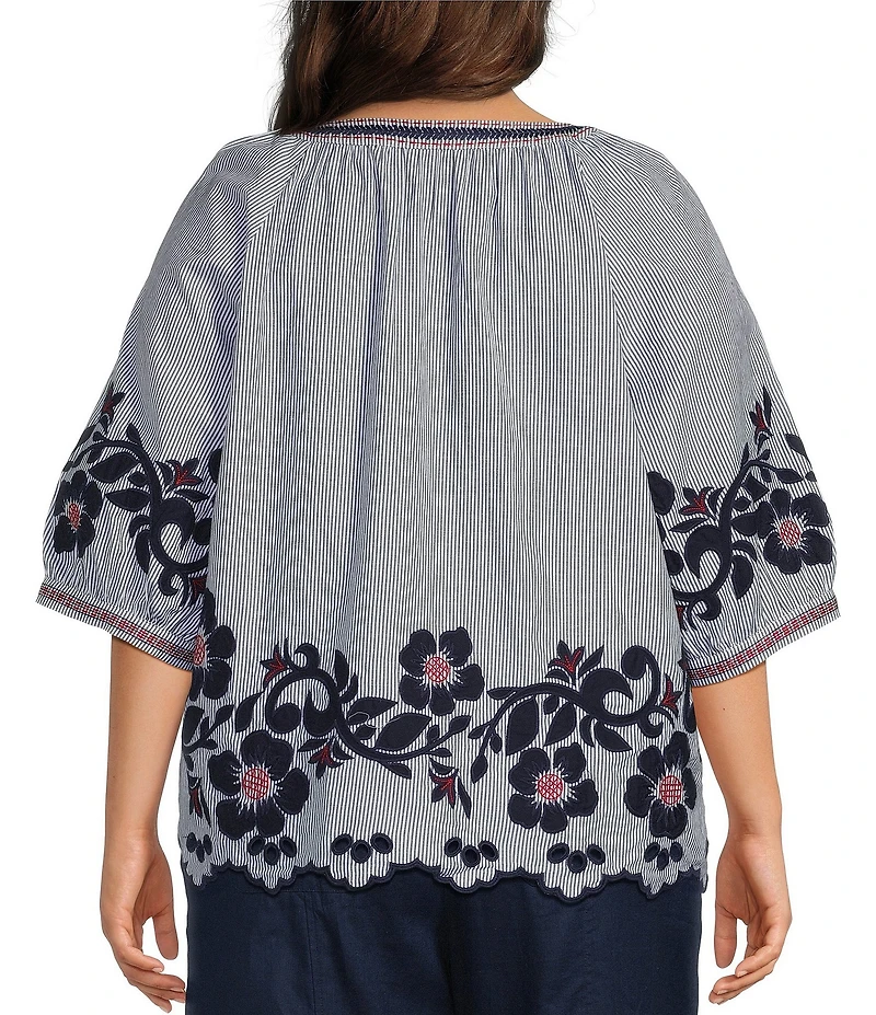John Mark Plus Size Stripe Floral Applique Embroidery Eyelet Scalloped Hem Top