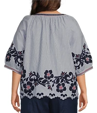 John Mark Plus Size Stripe Floral Applique Embroidery Eyelet Scalloped Hem Top